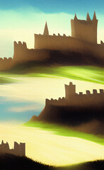 Obraz premium Abstract painting flat illustration of medieval old fantasy castle on the top of mountain. Fort on the rock peak. Mountains and field landscape