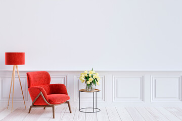 Fototapeta premium Living room customizable wall mockup. 3d rendered illustration.