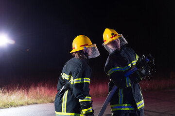 Fototapeta premium Firefighters using a water hose to eliminate a fire hazard. Team of female and male firemen in dangerous rescue mission. 
