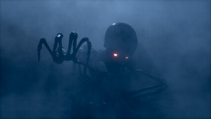 Scary skeleton with glowing eyes is crawling in the fog right at you. Halloween concept. 3D rendering.
