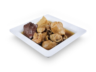 Stewed Pork Intestines sweet brown sauce serves in a white bowl, Thailand street foods.