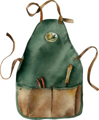 Watercolor hand-drawn green gardening apron illustration isolated on transparent background. Gardening clothing. Garden equipment icon, cards, and logo