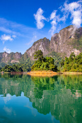 View of Khao Sok national park Cheow Lan Dam lake in Surat Thani, Thailand