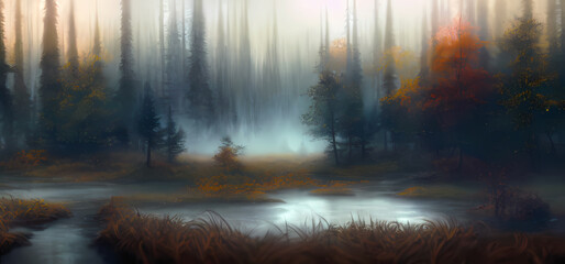 Misty Foggy Autumn Forest Relaxing Colors Illustration Background Digital Illustration,Concept Art Illustration
