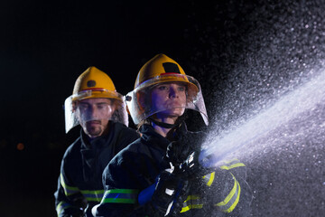 Firefighters using a water hose to eliminate a fire hazard. Team of female and male firemen in...