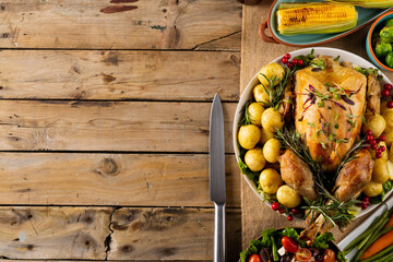 Naklejka premium Overhead view of thanksgiving roast turkey with vegetables and copy space on wooden background