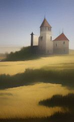 Obraz premium Abstract painting flat illustration of medieval old fantasy castle on the top of mountain. Fort on the rock peak. Mountains and field landscape