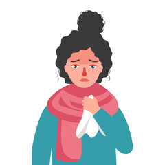 Flu or cold concept vector illustration. Sick  woman sneezing in handkerchief. Season allergy.
