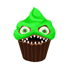 Cupcake Halloween monster dessert with scary face, teeth, eyes in cartoon style isolated on white background.