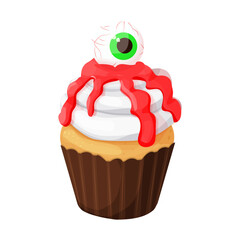 Cupcake Halloween monster dessert with scary eye on blood jelly in cartoon style isolated on white background.
