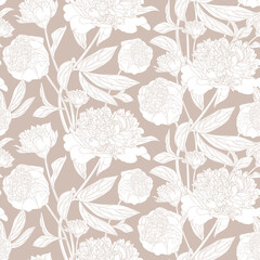 Seamless floral pattern with white Peony on a white background.