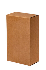 Closed brown cardboard box or kraft paper box with clipping path isolated on white background. Suitable for packaging. Macro.