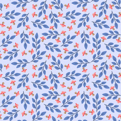 Seamless spring  pattern with leaf and flower  on a blue background.
