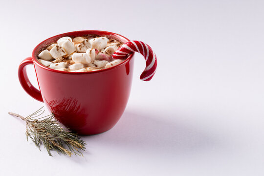 Hot chocolate with marshmallows and christmas cane over white background