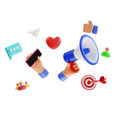 3d render hand carrying megaphone and smartphone digital marketing