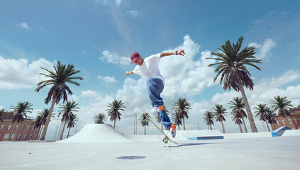 Skateboarder doing a trick in a skate park - obrazy, fototapety, plakaty