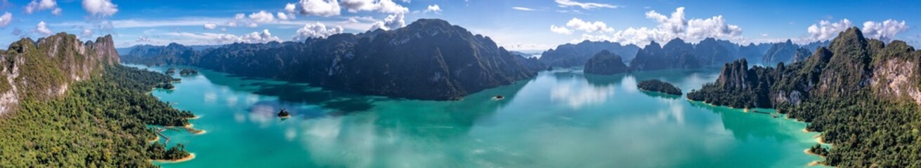 Aerial view of Khao Sok national park Cheow Lan Dam lake in Surat Thani, Thailand