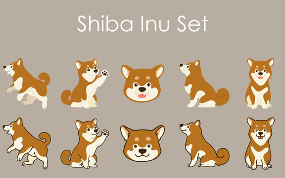 Simple and cute brown Shiba Inu illustrations set