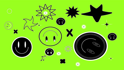 Set Of Cool Linear Hand Drawn Stickers Vector Design. Collection of Y2K Patches. Trendy Smile Emotion Funny Characters. Vector illustration