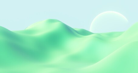 Fantasy landscape of other world, green mountain valley and shining planet. Digital painting 3d rendering