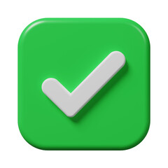 Green check, correct, like mark in a square icon isolated on white background. Approved, pass, permission, checklist, poll vote, confirm sign on business agreement contact symbol concept. 3d rendering