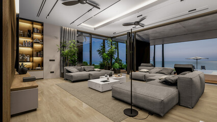 3d rendering of modern cozy interior with living,dining zone stair and kitchen for sale or rent with wood plank by the sea or ocean. Spacious apartments with expensive furniture,equipment and flowers