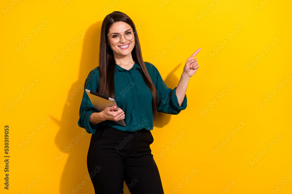 Sticker photo of confident pretty lady dressed green shirt glasses chatting modern gadget empty space isolat