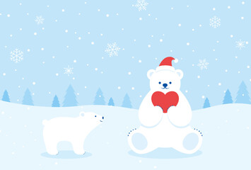 Christmas vector background with polar bears in snow for banners, cards, flyers, social media wallpapers, etc.