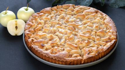 homemade apple pie on a black background in a gray plate with yellow apples