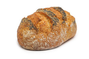 Artisan sourdough bread with poppy seeds and sesame on isolated white background