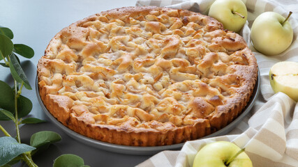 homemade apple pie on a grey background in a gray plate with yellow apples and kitchen towel