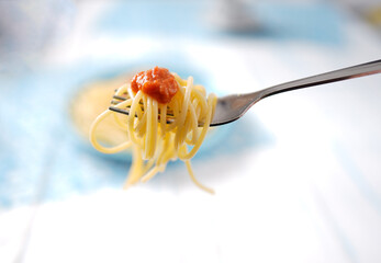 Spaghetti on a fork with tomato sauce.