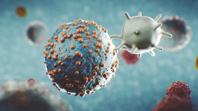 3D render visualization of the virus in the human body in the blood. Absorption of a bacterium of a virus as a process of treating a person from viral or respiratory or other infectious diseases.