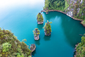 Aerial view of Khao Sok national park Cheow Lan Dam lake in Surat Thani, Thailand