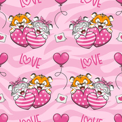 Seamless Pattern Cute Valentine With Tiger, Cute Cartoon Illustration