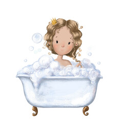 cute princess in bathroom, little girl bathing watercolor style illustration