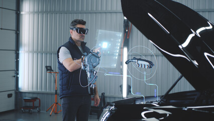 Car service manager conducts car diagnostics using holographic hud interfaces and vr headset. The...