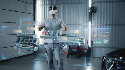 An engineer tests the health of a car engine in a virtual futuristic program with 3D holographic interface visualisation