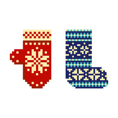 Pixel Art Christmas Sock and Mitten Set