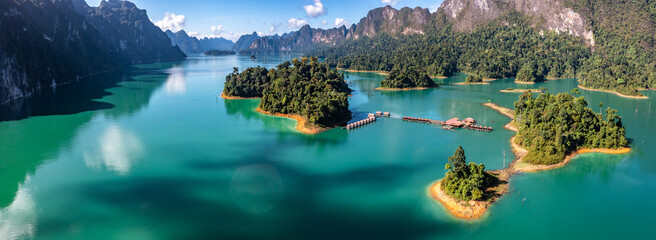 Aerial view of Khao Sok national park Cheow Lan Dam lake in Surat Thani, Thailand