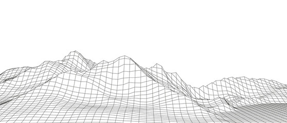Technology perspective grid with mountain landscape background. Vector digital space wireframe landscape. Mesh on a black background