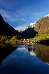 View of Norwegian small town in scenic valley