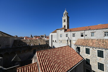 The rooftops and walls of the old walled town of Dubrovnik.