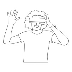 African American happy woman in virtual reality glasses. VR technology black and white contour line drawing of girl in digital augmented reality. Metaverse minimalist simple character