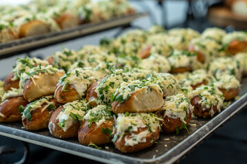 coffee break hotel during conference meeting, corporate revent with tea and coffee catering, decorated catering banquet table with variety of different pastry and bakery, with croissants and cookies