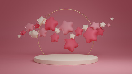 3d rendered product podium with stars. Pink and white mockup.