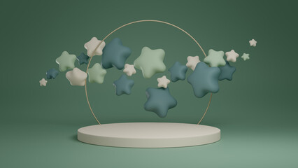 3d rendered product podium with stars. Green and white mockup.