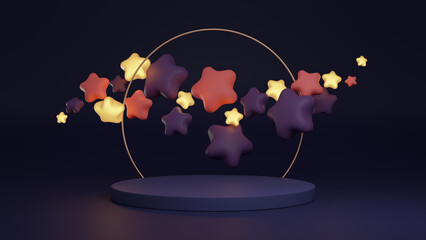 3d rendered night themed product podium with stars. Pink, yellow, and purple mockup.