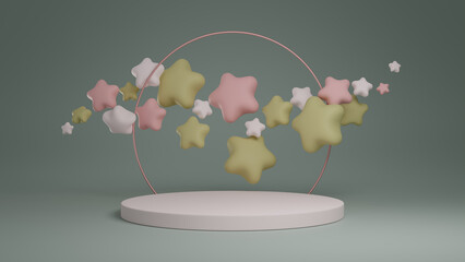 3d rendered product podium with stars. Pink, green, and white mockup.