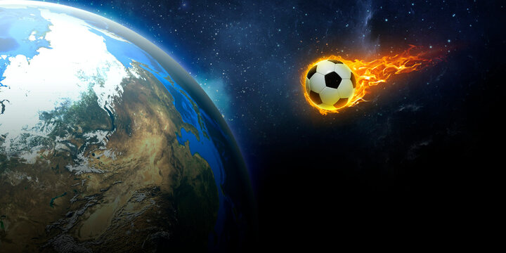 Fiery soccer ball that bursts with velocity collides with planet Earth